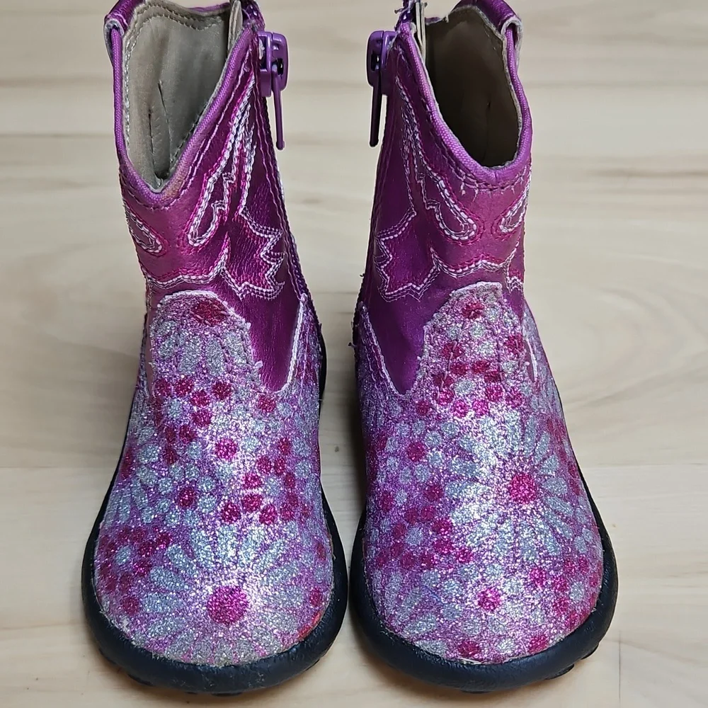 Roper Pink Sparkle Floral Zipper Infant Cowboy Boots W Rubber Soles Sz. 3 - Picture 2 of 9